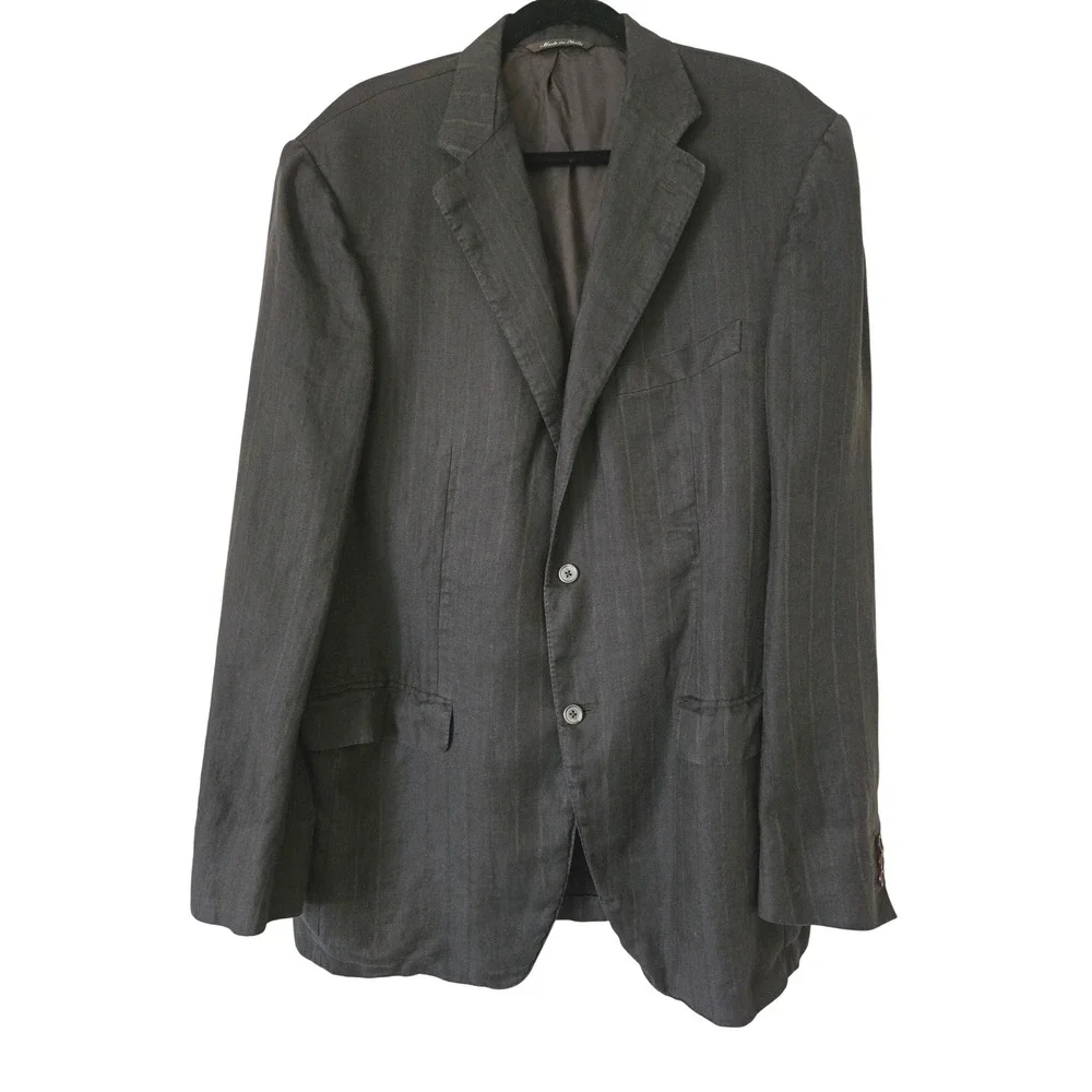 Canali Mens Brown Pinstripe 100%‎ Linen Blazer Sport Coat Italy EU 56 8L